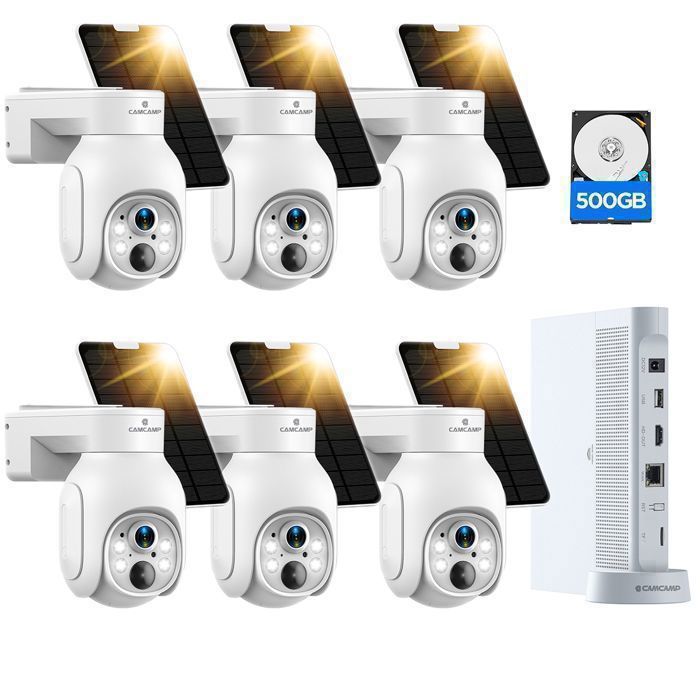 CAMCAMP Kit Caméra de Surveillance WiFi Extérieur sans Fil 4MP Batterie Solaire 10CH NVR IP66 Vision Nocturne Audio Bidirectionnel