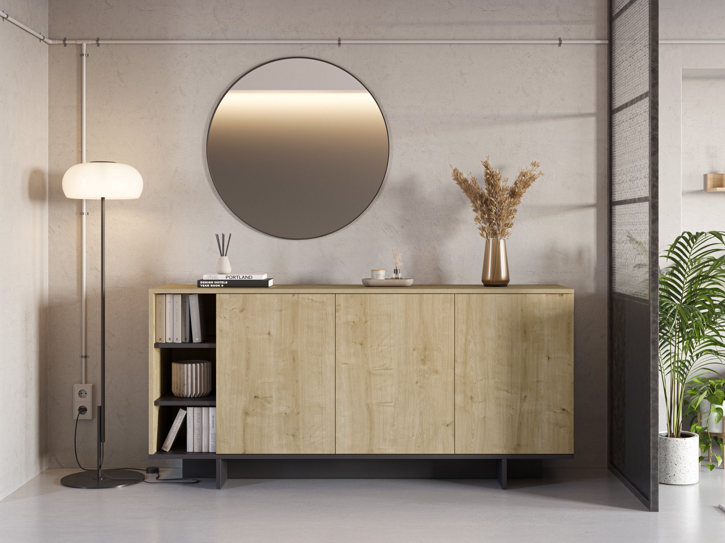 Buffet CEQUOIA – Chêne & Noir – 3 portes 3 niches – 170 x 40 x 80 cm