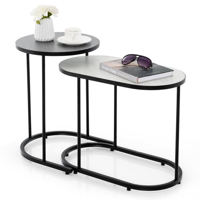 costway lot de 2 table basse gigogne avec cadre en métal, bout de canapé de grand: 58x31x46 cm & petit: 38x38x54 cm, blanc+noir