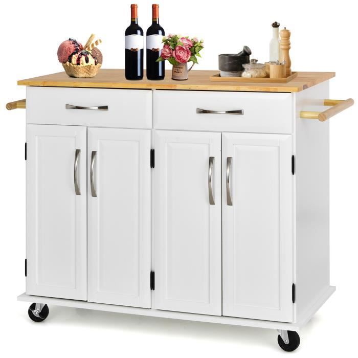 COSTWAY Desserte de Cuisine à Roulettes - 2 Tiroirs 2 Armoires à Double Porte Étagères réglables - îlot Chariot de Cuisine -