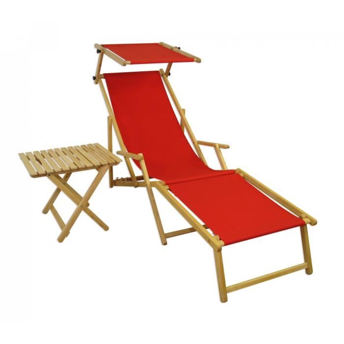 chaise longue de jardin rouge pliante, repose-pieds, pare-soleil, petite table 10-308nfst