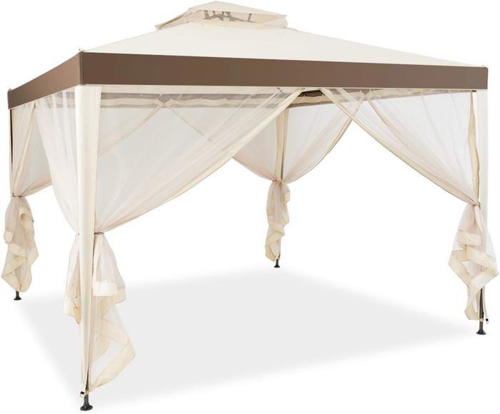 GOPLUS Tonnelle de Jardin de 3MTente de Réception avec Moustiquaire Transparente sur 4 CôtésPetite Fenêtre au PlafondBeige