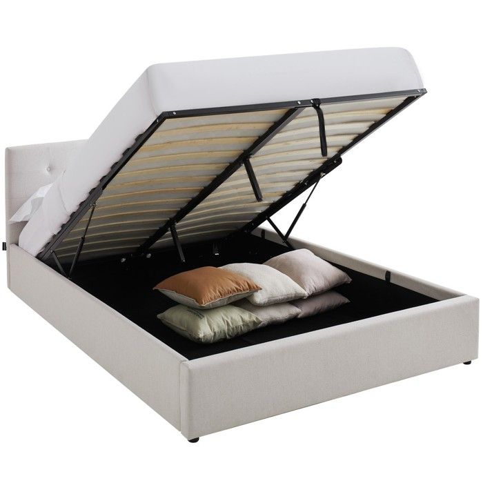 Lit coffre adulte 160x200 cm avec tête de lit matelassée en tissu beige et sommier - Tina
