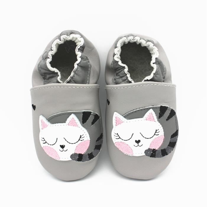 Chaussures Bebe En Cuir Souple Pantoufles Bebe Premiers Pas Chat De Grand Visage Gris Cdiscount
