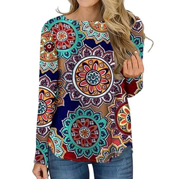 Hauts Tuniques /à Manches Longues pour Femmes Col en V Imprim/é Pull Coton Lin Chemisier D/éContract/é Swing Chemise pour Leggings