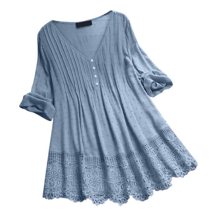 Tunique Pour Femme Vintage À Volants Trois Quarts En Dentelle Col V Plus La Taille Top Bleu ciel