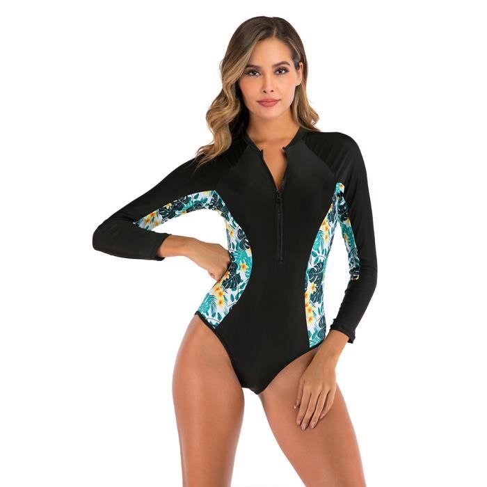 Maillot De Bain Une Pièce À Manches Longues Femme Maillot De Surf Été Combinaison De Plongée Zippée Pour Natation Plage Noir M