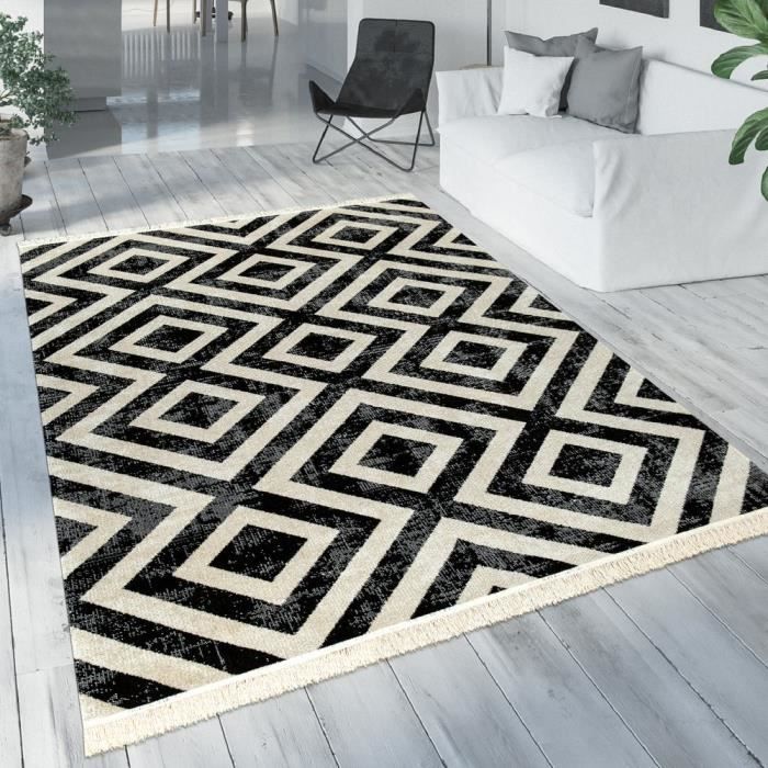 tapis noir blanc balcon terrasse exterieur style scandinave motif losanges robuste o 200 cm rond cdiscount maison