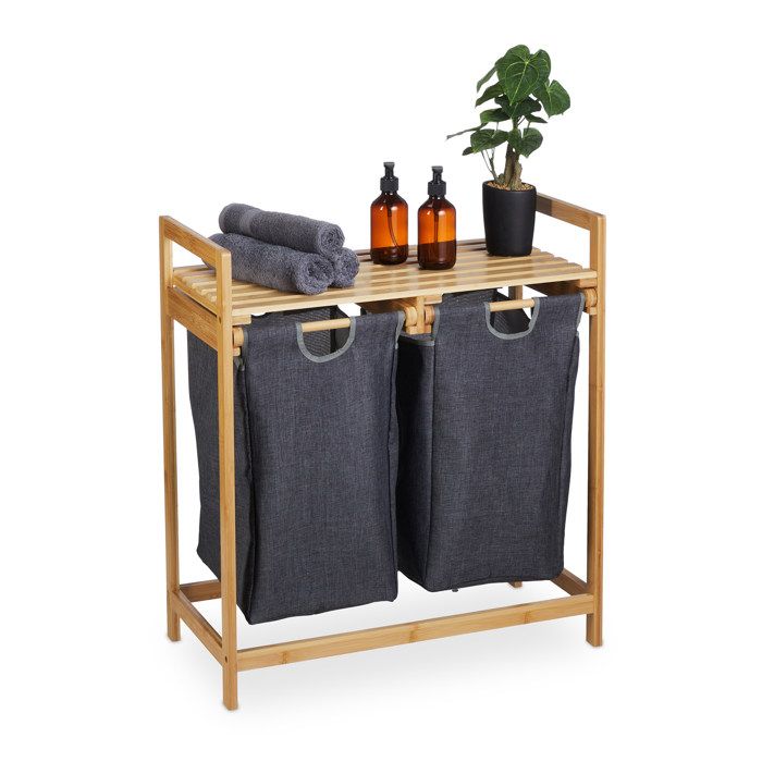 Relaxdays Meuble à linge bambou 2 sacs amovibles surface pratique HLP : 73x64x33 cm salle de bain nature et gris