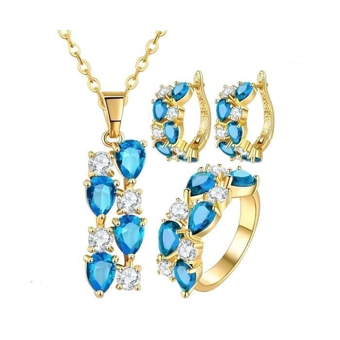Parure Bijoux Goutte Bague 56 Cristal Swarovski Elements Turquoise Plaqué Or Jaune 750