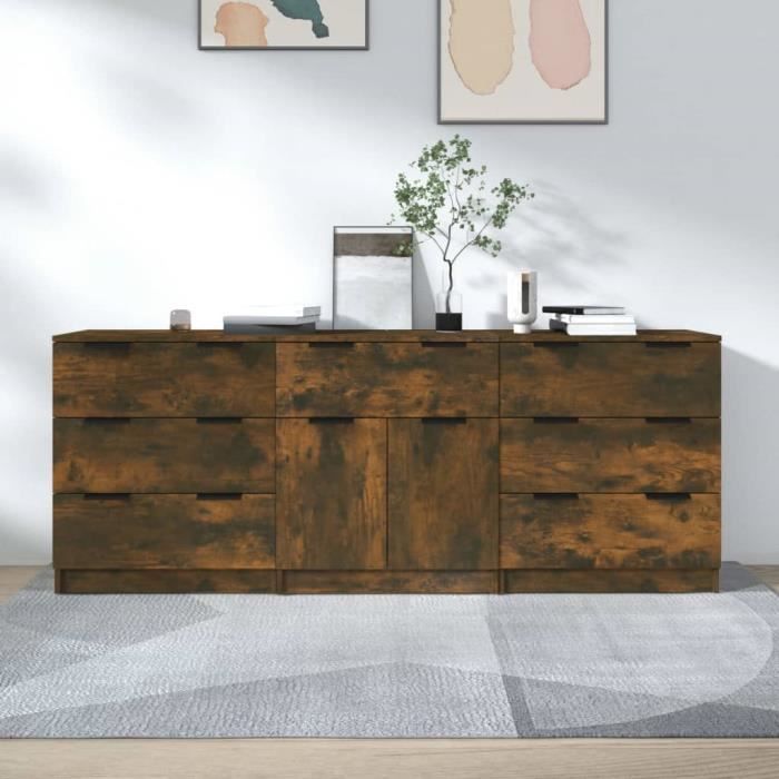 3115801 vidaXL Buffets 3 pcs Chêne fumé Bois dingénierie