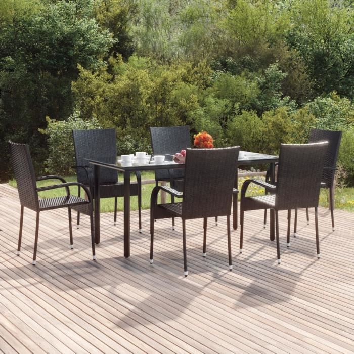 3156657 vidaXL Ensemble à dîner de jardin 7 pcs Noir Résine tressée