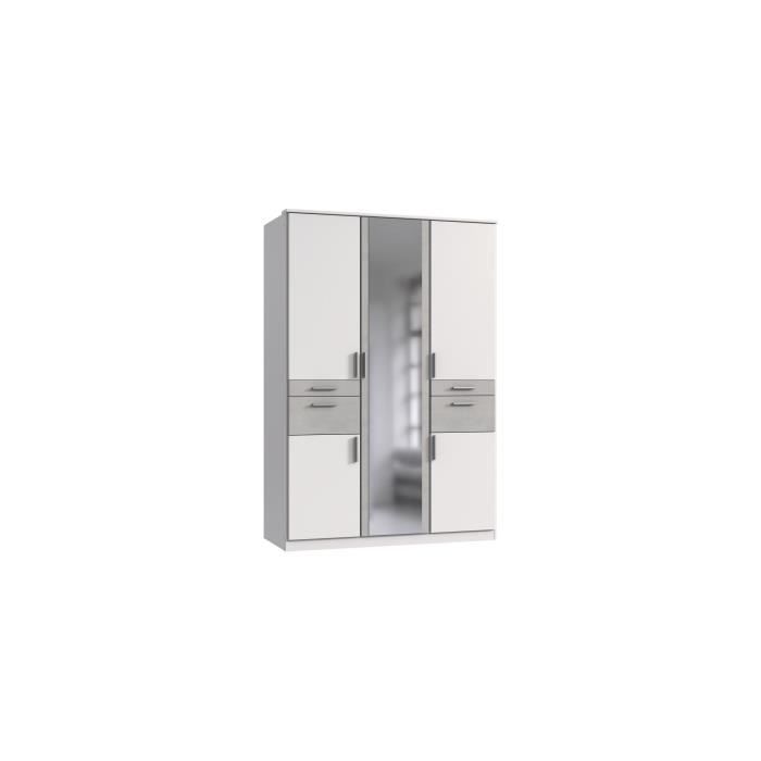 Armoire - 5 portes battantes - Miroir - 4 tiroirs - Blanc et gris clair - L135 x P58 x H199 cm - VOLOS