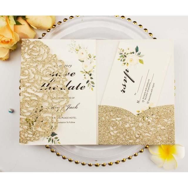 Lot De 50 Cartes D'Invitation Mariage Laser Dentelle Noire Élégantes Avec Enveloppes Et Papier Intérieur