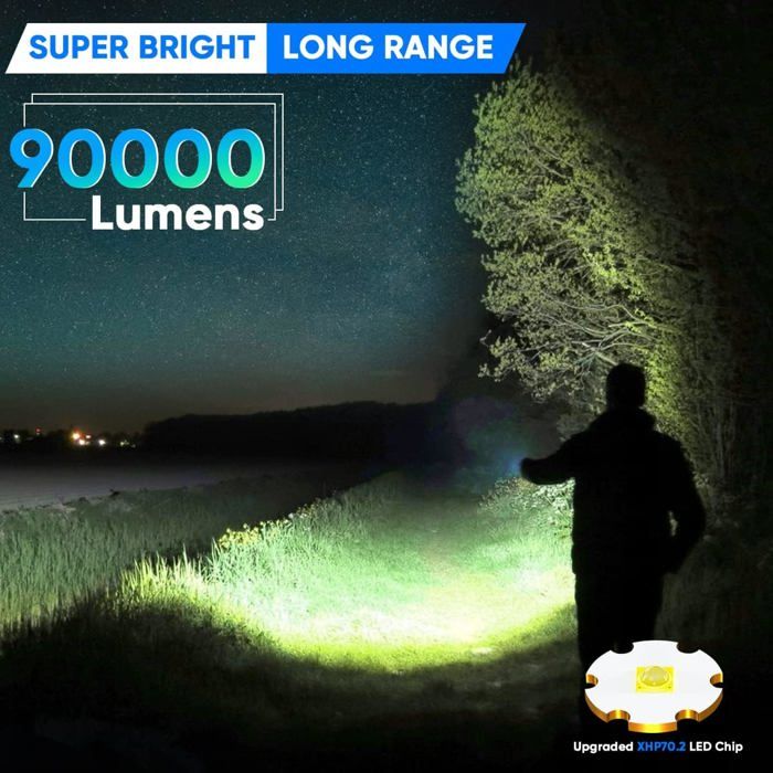 Lampe Torche LED Rechargeable XHP70 – 90000 Lumens, Zoomable, 5 Modes, Lot De 2 Avec Batteries Et Câbles USB