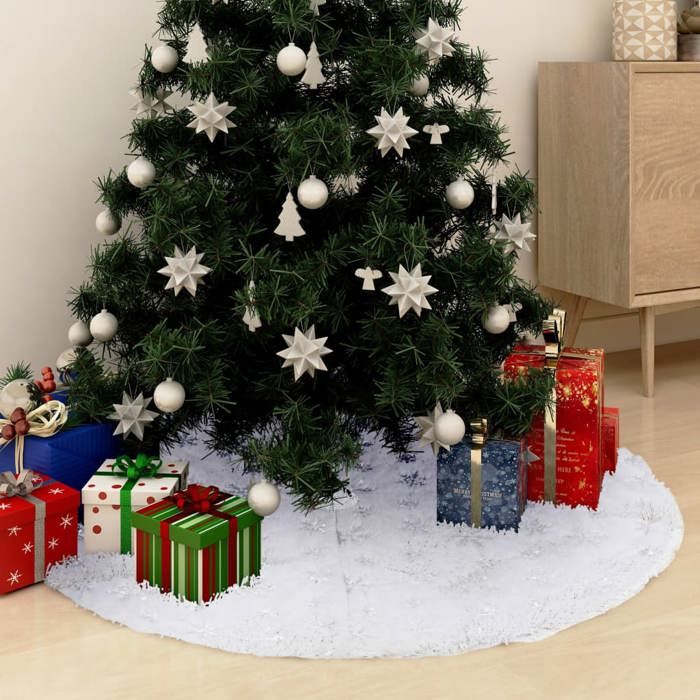 Jupe Sapin Noël Peluche Blanche 38 Cm, Tapis Rond Paillettes Flocon Neige Décoratif - Maison