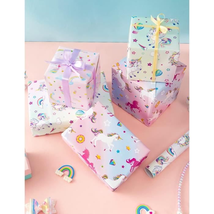Papier Cadeau Anniversaire - 6 Feuilles 50x70cm - Motif Ciel Rose/Bleu - Avec Étiquettes