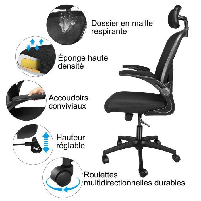 Chaise Bureau Ergonomique Avec Repose-pieds - Dossier En Maille, Réglable, Supporte 159 Kg, Noir