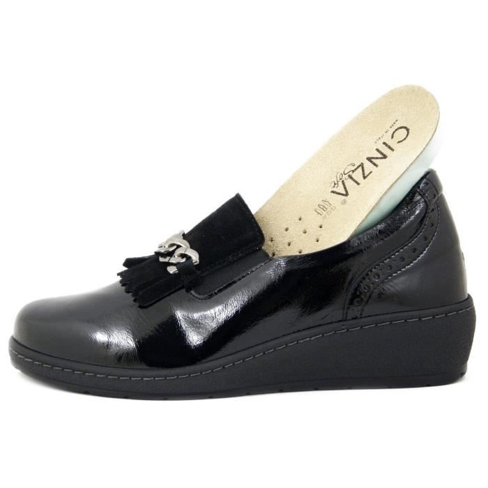Mocassin Femme CINZIA SOFT Cuir Brillant Noir Semelle Amovible Confort