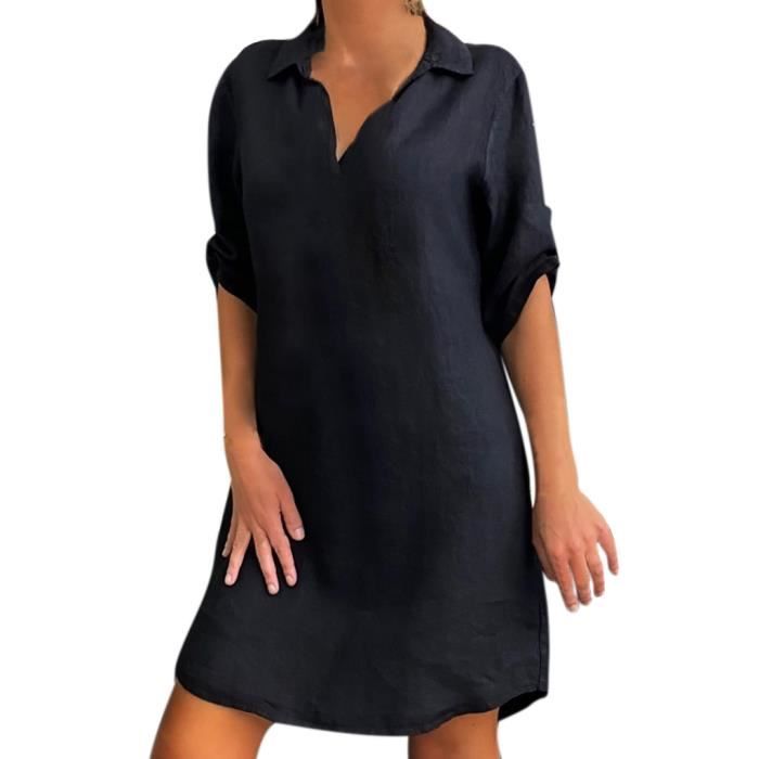 Robe Mode femmes grande taille en lin de coton solide col rabattu ample  -Noir -XL