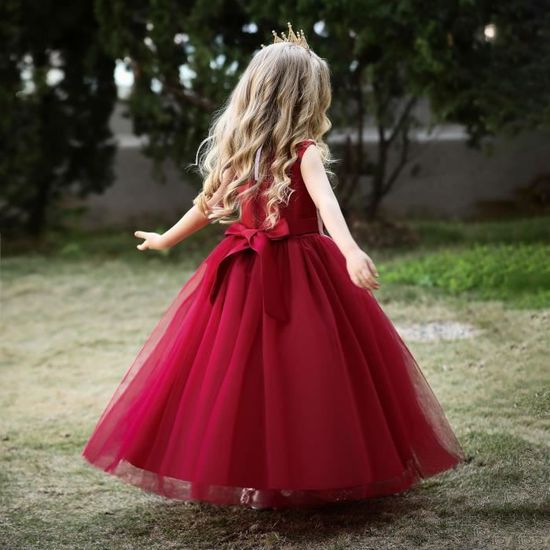 Robe Princesse Fille Velours Et Tulle - Manches Longues, Broderie Florale - Taille 3-12 Ans - Pour Noël, Fêtes - 5