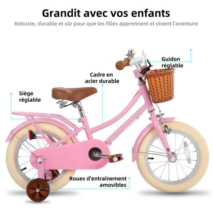 Vélo Enfant 16 Pouces Avec Roues Stabilisatrices – Freins Avant/arrière, Cadre Acier, Siège Réglable – Pour 5 à 8 Ans (105–135 Cm) – Rose