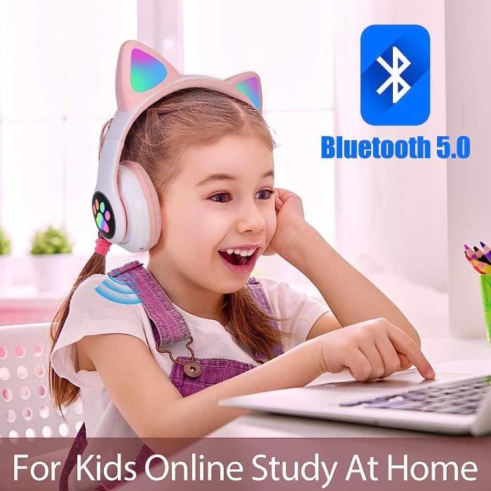 Disponible en stock Casque Bluetooth pour Enfants sans Fil, Ecouteurs  Bluetooth pour Oreilles de Chat pour Filles, Pliable Casque Audio Stéréo  avec Lumières LED/Micro Intégré pour iPhone/PS4/PC/Tablettes/TV (Rose)