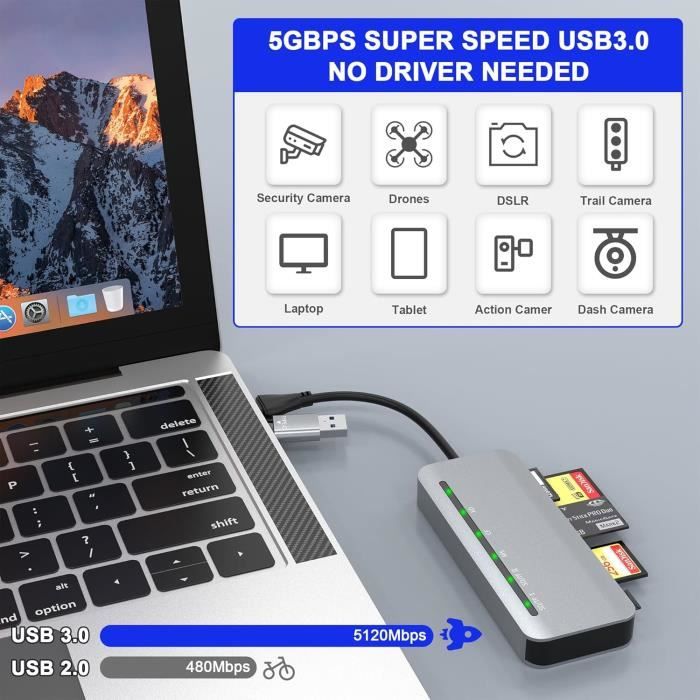 Lecteur De Carte SD Et MicroSD USB-C/USB 3.0 2-en-1 | Transfert Jusqu'à 5 Gbps, Aluminium, Compatible Jusqu'à 2 To