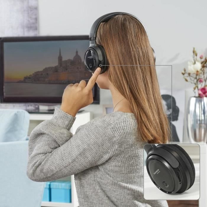 casque TV sans fil bluetooth avec station de charge portée sans fil 10 m  noir au meilleur prix