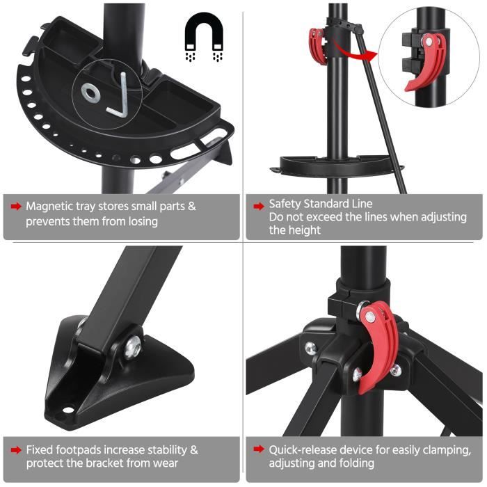 Pied D'atelier Vélo Yaheetech Réglable 108-190 Cm - Support De Réparation Avec Pince 360° Et Plateau à Outils