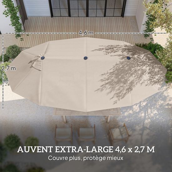 Parasol Jardin Rectangulaire Outsunny 4.6x2.7m - Toile Polyester 180g/m², Ouverture Manivelle, Base Et Sacs De Lestage Inclus, Gris