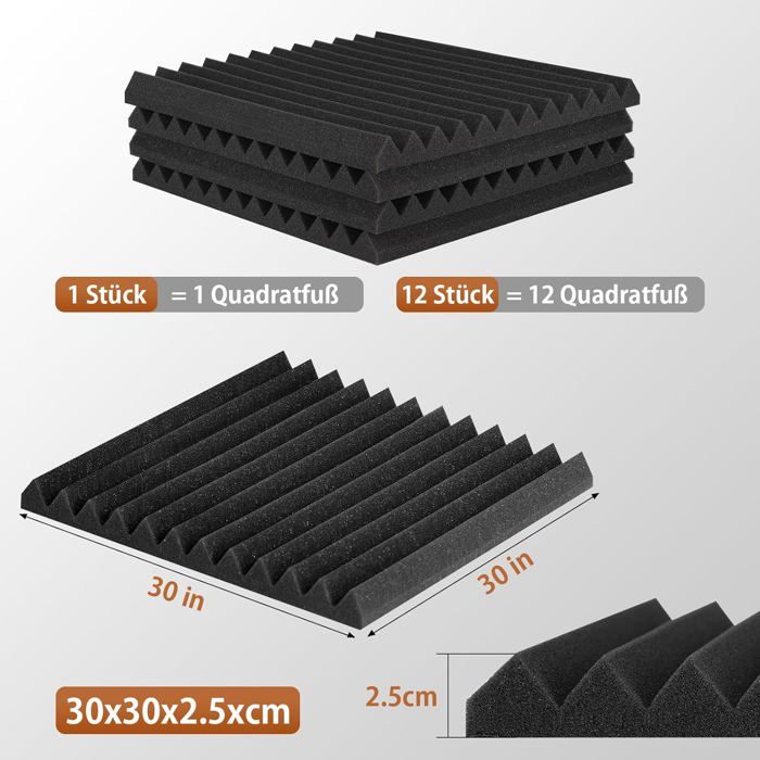 Soundsbay Lot De 12 Panneaux Acoustiques Auto-Adhésifs - Isolation Phonique Noire 30x30cm