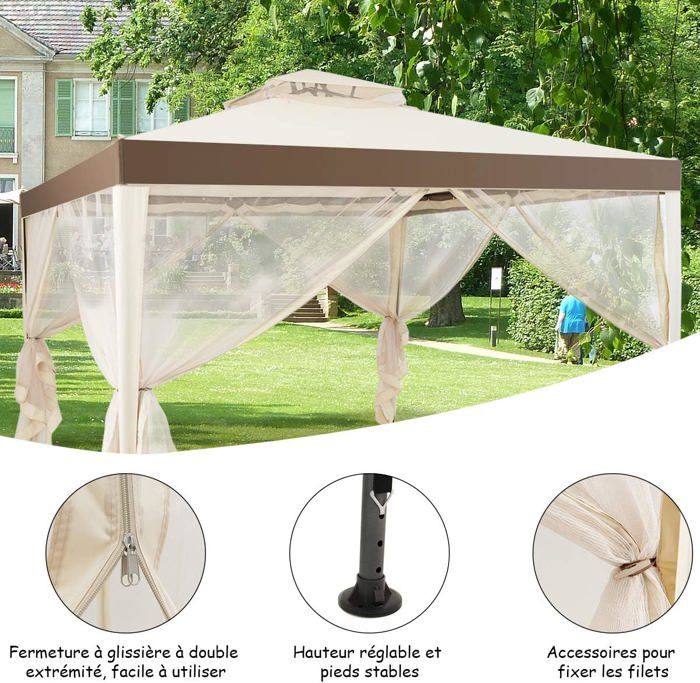 Tonnelle De Jardin Pliante 3x3m Avec Moustiquaire - Parois Latérales Amovibles, Idéale Pour Fêtes Et Camping - 14