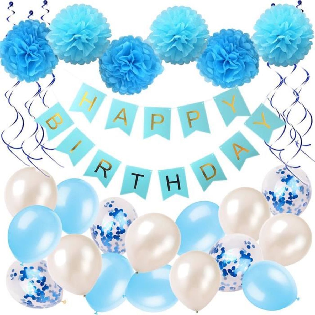 Anniversaire Banniere Decoration Fete 1 Banderole Happy Birthday 6 Pompon Bleu 16 Ballons Confettis 6 Hanging Swirl Decorati Achat Vente Pate A Ballon Cdiscount