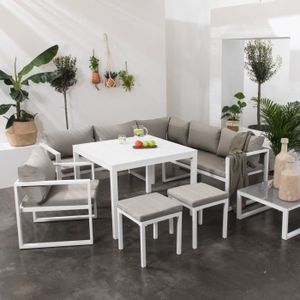 Salon bas de jardin Salon de jardin modulable IBIZA en tissu gris 7 places - aluminium blanc