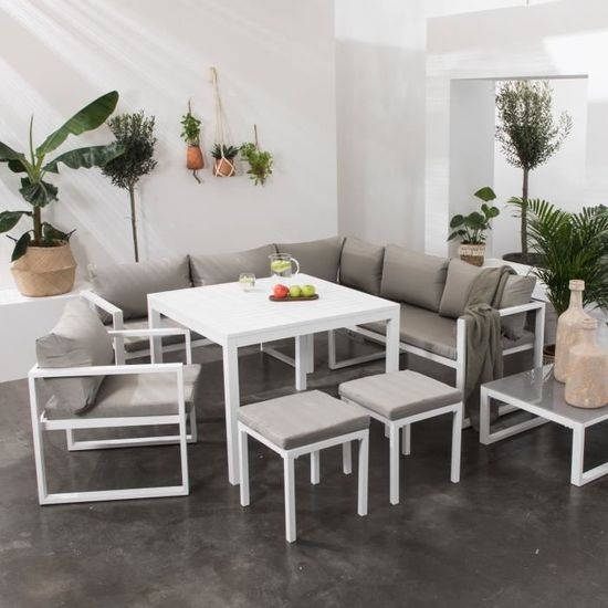 Salon de jardin modulable IBIZA en tissu gris 7 places - aluminium blanc