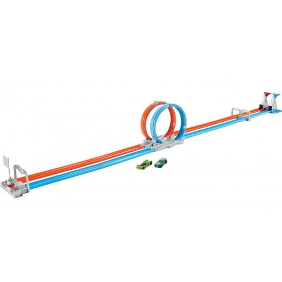 Piste Hot Wheels Action de lancement Double Loopings 213 cm orange/bleu - Jouet pour enfant de 4 ans et plus