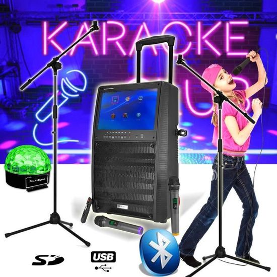 Enceinte KARAOKE Mobile Autonome 12 800W - Ecran TFT couleur 15 - BT + 2  Micros UHF - PORT-TFT12 + Ampoule DIAMS LED