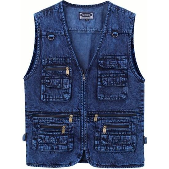 Gilet Homme Jeans Multi-Poches Vintage - Veste Courte Sans Manches Cowboy Rétro