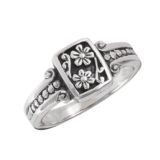 Bague Chevalière Argent Vieilli Avec Perles Noires Facettées - Taille 56 Art Déco