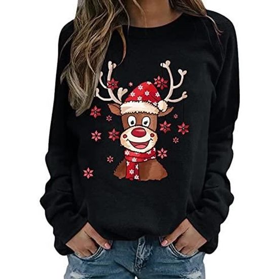 Pull Noel Rigolo Femme Ugly Christmas Jumper de Noel Col Rond Sweat Shirt Imprime Noir Manches longues Noir Cdiscount Pret a Porter
