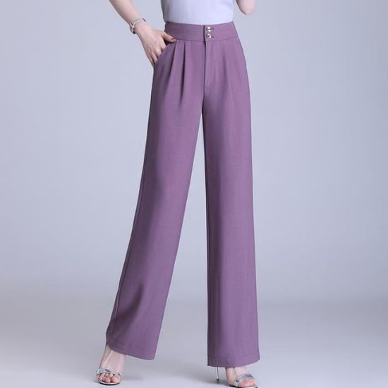 Pantalon Fluide Femme été - Taille Haute, élastique, Poches - Coupe Large Style Palazzo, Polyester/élasthanne