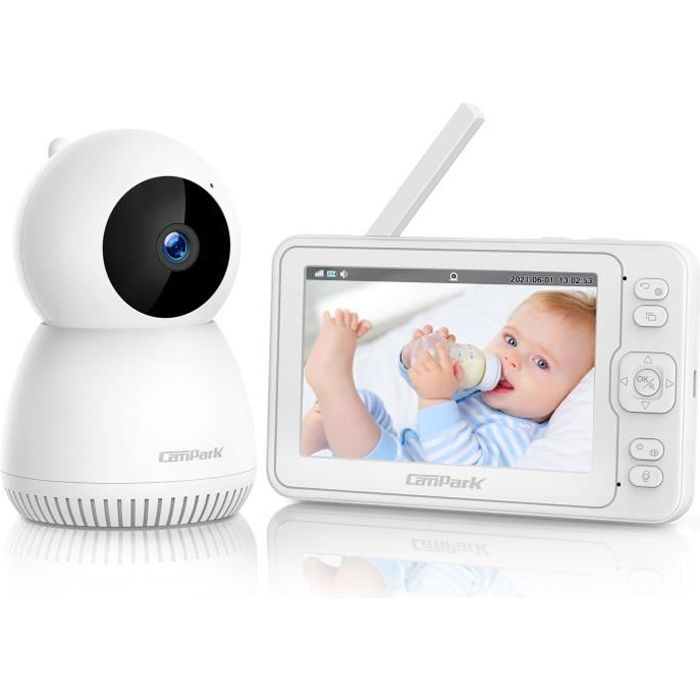 CAMPARK Moniteur bébé 1080P FHD 5- Large LCD Babyphone 2.4GHz Transmission sans fil Bébé Surveillance