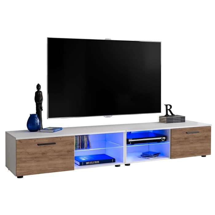 2 meubles TV avec une étagère en verre et une porte / Carcasse en Mat / Façades en Bois Mat / L(2x100cm) x H34.5cm x P45cm / Tabac M