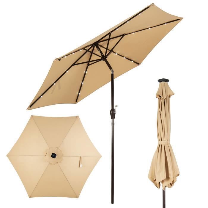 COSTWAY Parasol Déporté et Inclinable de Jardin Dia 270 CM avec 18 LED Solaire Strucutre en Métal Robuste Beige Anti-UV