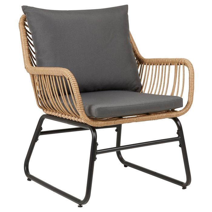 Chaise de salle à manger ALBEDO imitation rotin, fauteuil d'intérieur ou d'extérieur en polyrattan et acier noir, avec 2 coussins