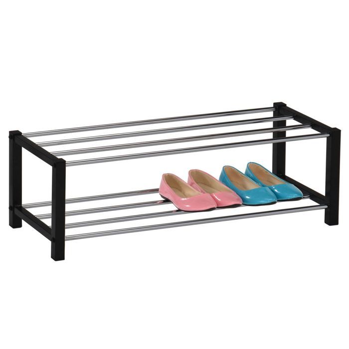 Etagère à chaussures DUBLIN rangement porte-chaussures avec 2 niveaux pour 8 paires en métal chromé et laqué noir