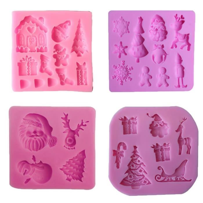 4 moules de Noël en silicone liquide, résistants à la chaleur, flexibles, avec différents motifs pour le caramel, la gelée