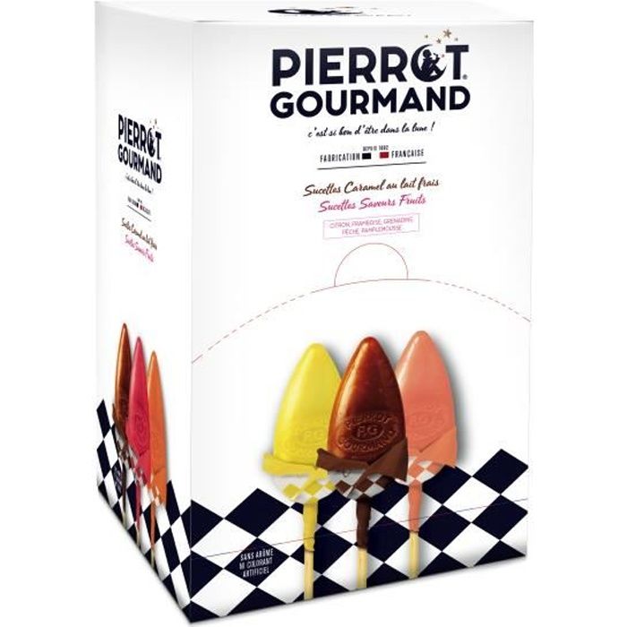 Sucettes Pierrot Gourmand caramel et fruits BTE DE 100