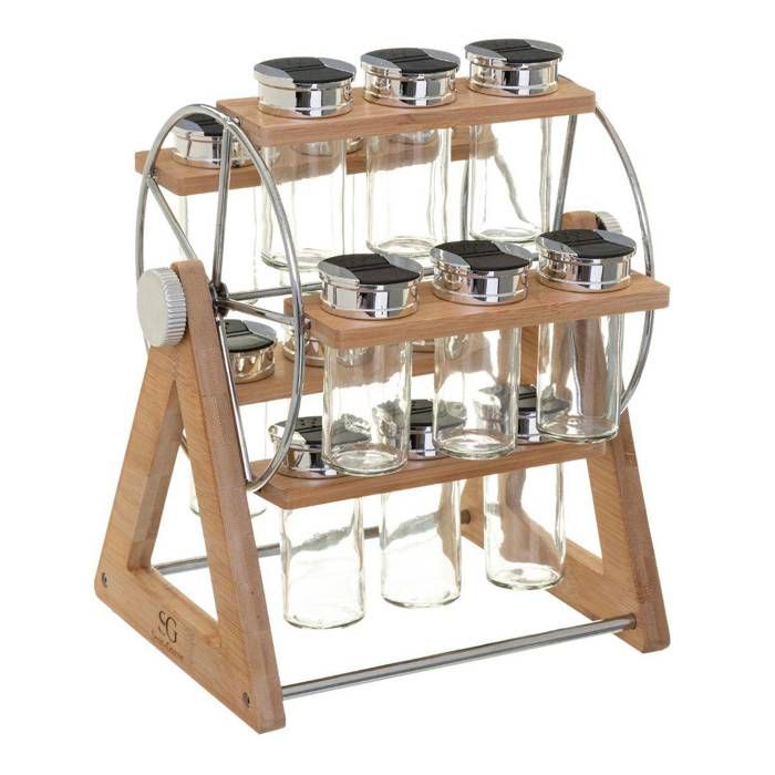 Secret de Gourmet - Lot de 15 pots à épices + support roue Bambou